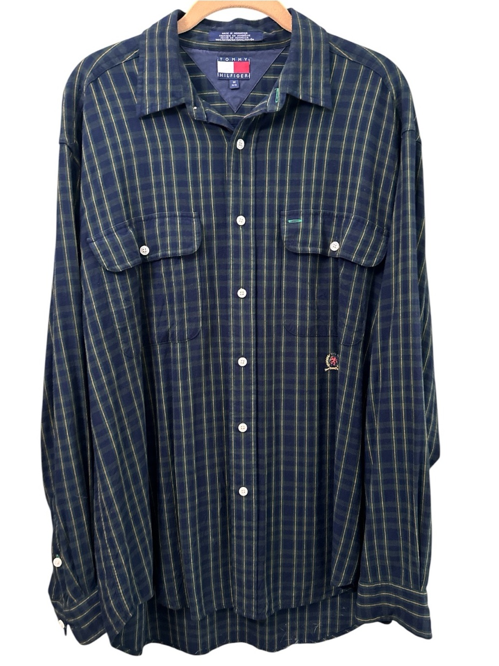 Tommy Hilfiger Men’s Navy/Green Striped Button-Down Shirt Dual Pocket Crest Logo